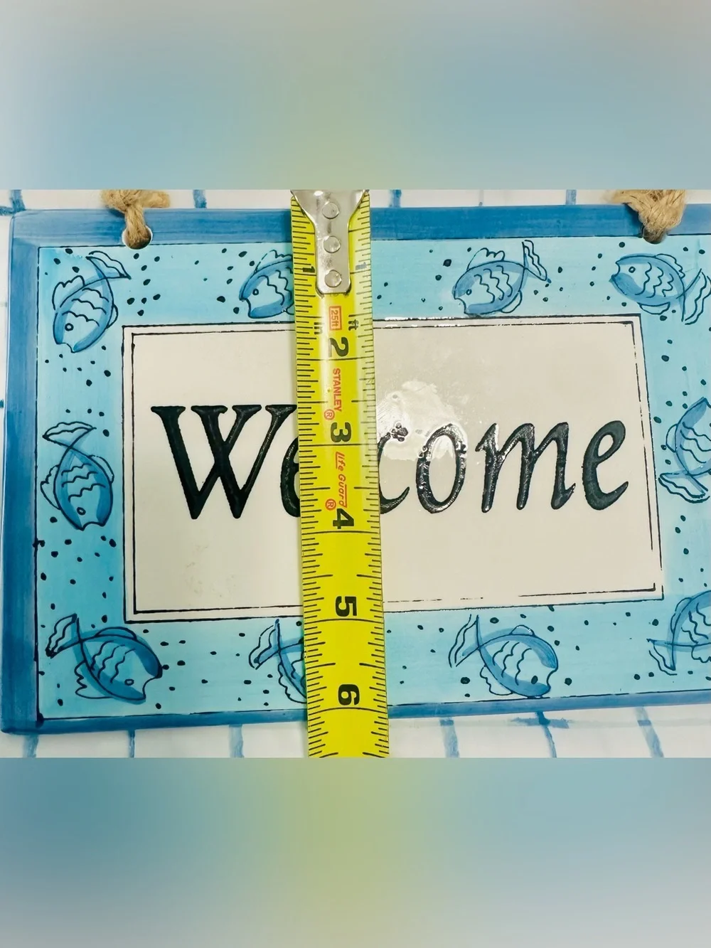 Ceramic Welcome Hanging Sign in Light Blue and Navy 🐠🐚🩵🐟